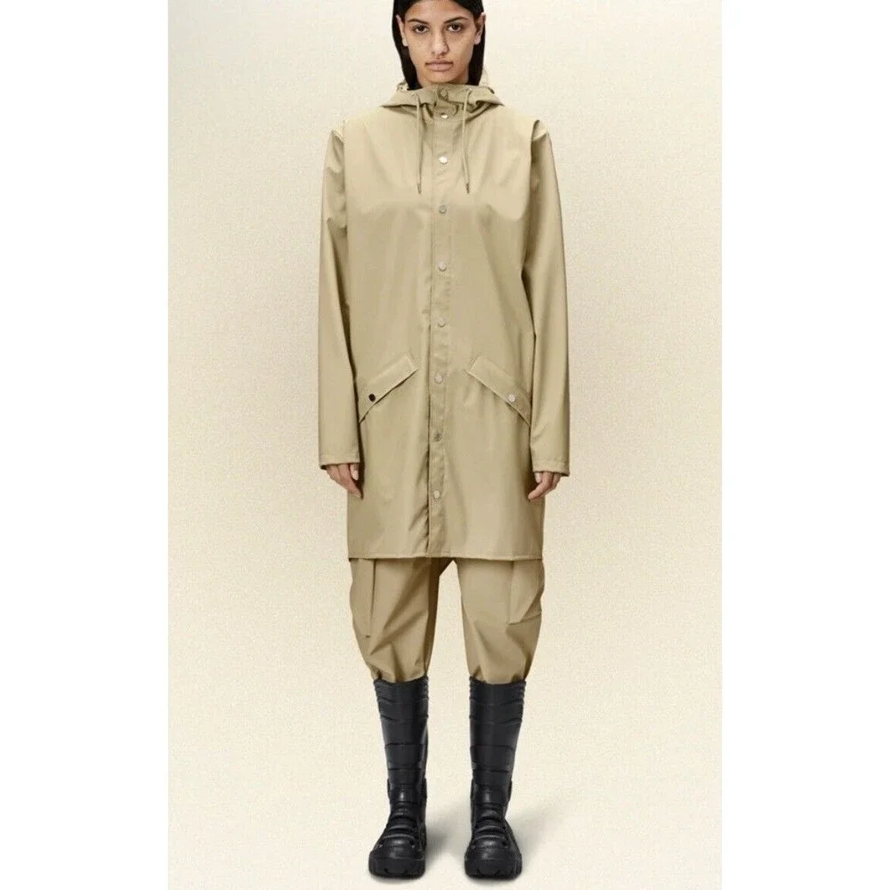 RAINS Brand Unisex Sz Large Classic Taupe Long Waterproof Rain Jacket Snap Front - Picture 3 of 15